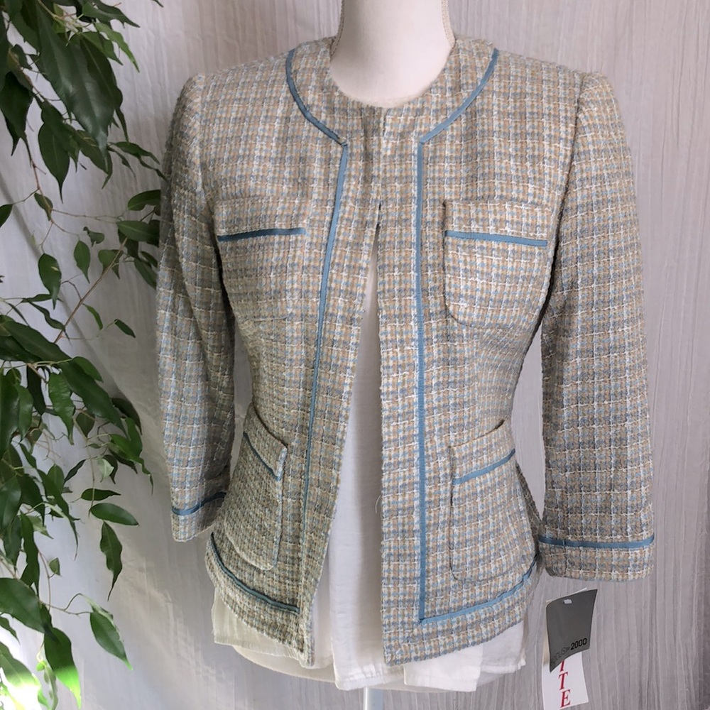 FOCUS 2000 sz 6P fitted blazer jacket pale blue & gray plaid business office NWT